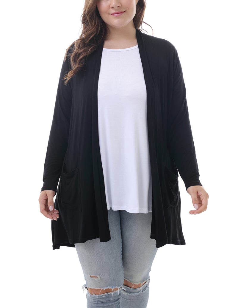 ZERDOCEAN Women's Plus Size Long Sleeve Lightweight Soft Printed Drape Cardigan with Pockets Black 4X - Image 2